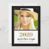 上品な黒と金ゴールドの写真卒業パーティー 招待状 (正面)