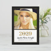 上品な黒と金ゴールドの写真卒業パーティー 招待状 (スタンド正面)