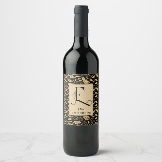 上品な黒と金ゴールドの葉パターンモノグラムE ワインラベル (正面)