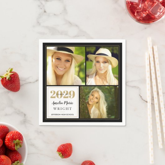 上品な黒と金ゴールドパーソナライズされた卒業 スタンダードカクテルナプキン (インサイチュ)