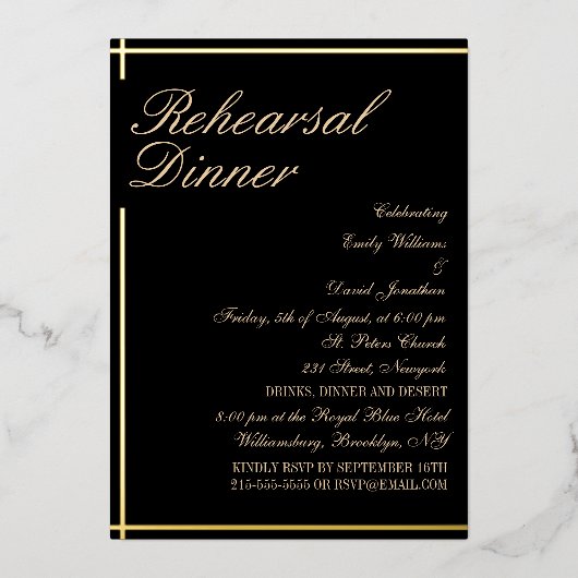 上品な黒と金ゴールドリハーサルディナー 箔招待状 (正面)