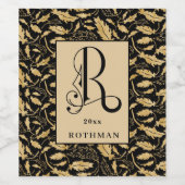 上品な黒と金ゴールドリーフパターンモノグラムR ワインラベル (シングルラベル)