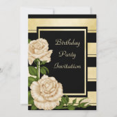 上品な黒及び金ゴールドのストライプのな花の誕生日 招待状 (正面)