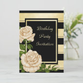 上品な黒及び金ゴールドのストライプのな花の誕生日 招待状 (スタンド正面)