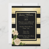 上品な黒及び金ゴールドのストライプのな花の誕生日 招待状 (裏面)