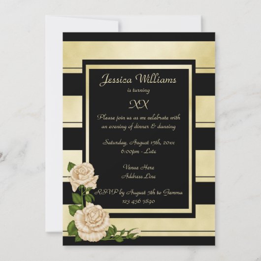上品な黒及び金ゴールドのストライプのな花の誕生日 招待状 (裏面)