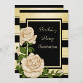 上品な黒及び金ゴールドのストライプのな花の誕生日 招待状 (正面/裏面)