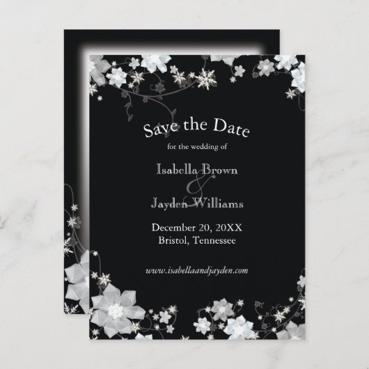 上品な黒+白い冬の結婚式の日付を保存 案内ポストカード (正面/裏面)