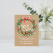 上品な12月リースとピンクボウ水彩 シーズンポストカード (スタンド正面)