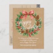 上品な12月リースとピンクボウ水彩 シーズンポストカード (正面/裏面)