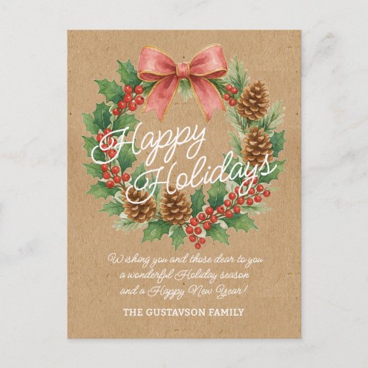 上品な12月リースとピンクボウ水彩 シーズンポストカード (正面)