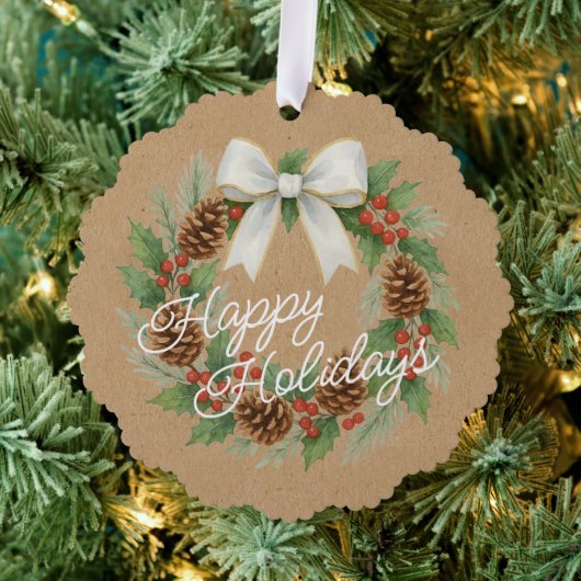 上品な12月リースとホワイトボウ水色 オーナメントカード (インサイチュ (木))