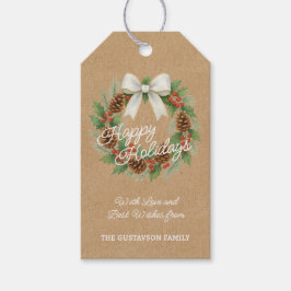 上品な12月リースとホワイトボウ水色 ギフトタグ