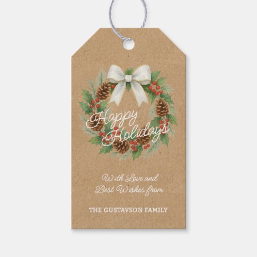 上品な12月リースとホワイトボウ水色 ギフトタグ (正面)