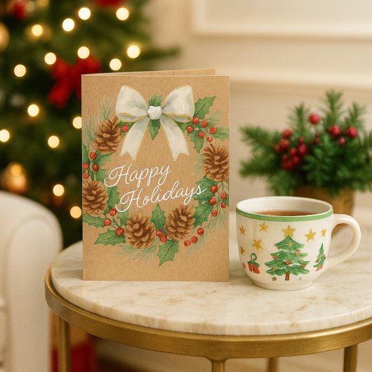 上品な12月リースとホワイトボウ水色 シーズンカード