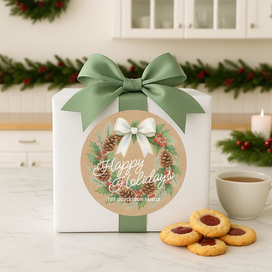 上品な12月リースとホワイトボウ水色 ラウンドシール