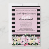 上品な ブラック ブラッシュ ピンク ストライプ フラワーバースデー 招待状 (正面)