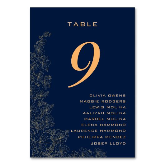 上品な 繊細な 花柄 ネイビーブルー テーブルナンバー (正面)