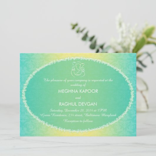 上品なGaneshaかインドのダマスク織の結婚式の発表 招待状 (スタンド正面)