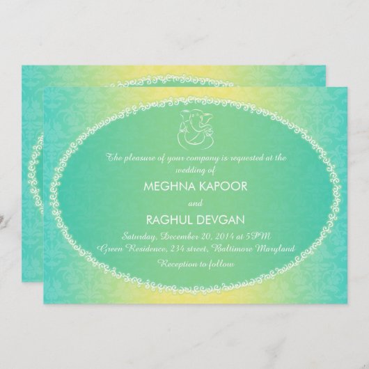 上品なGaneshaかインドのダマスク織の結婚式の発表 招待状 (正面/裏面)