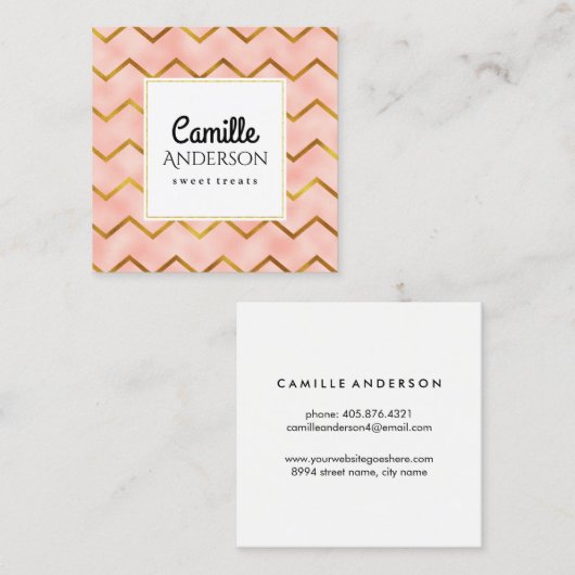 上品のばら色の金ゴールドおよびシェブロンのストライプな名刺 スクエア名刺 (正面/裏面)
