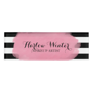 上品のストライプのピンクの白黒のメーキャップアーティスト 名札