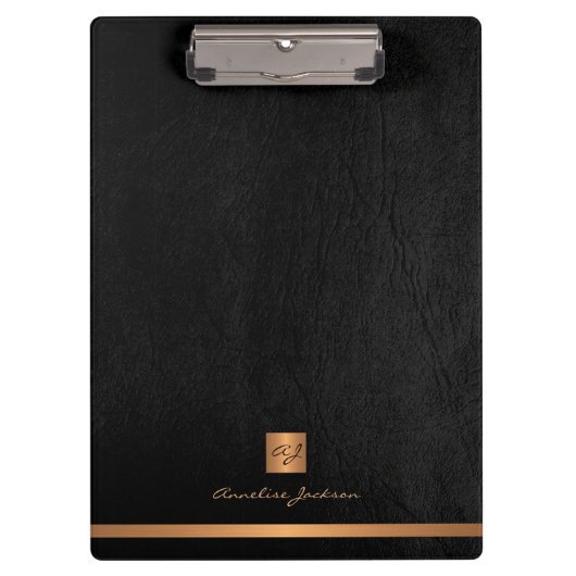 上品エレガントなブラックレザー金ゴールドモノグラムの クリップボード (正面)