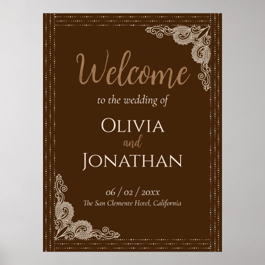 上品エレガントなブロンズ華美の結婚歓迎サイン ポスター (正面)