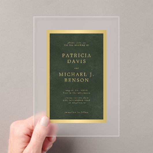 上品エレガントな暗緑色の金ゴールドフレ結婚ーム アクリル招待状 (インサイチュ (ポータブル))