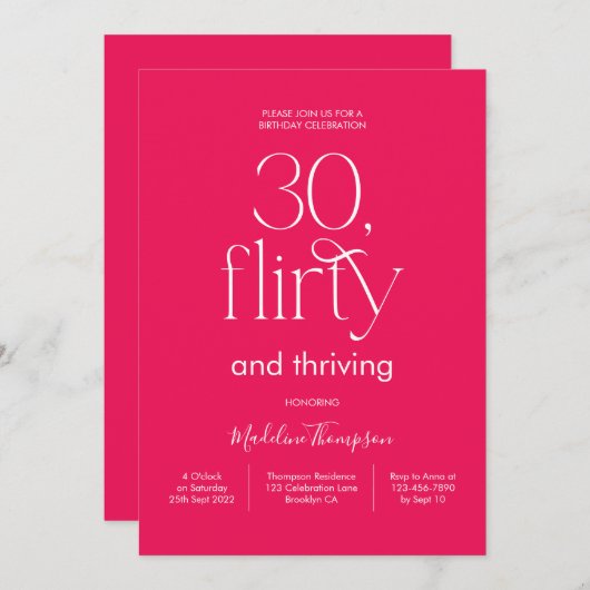 上品エレガントな淡いピンクのマゼンタ30歳の誕生日 招待状 (正面/裏面)
