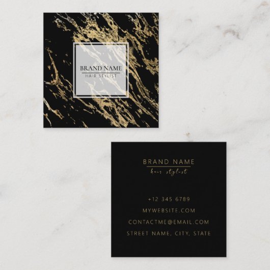 上品モダンなシックな黒金ゴールド大理石広場 スクエア名刺 (正面/裏面)