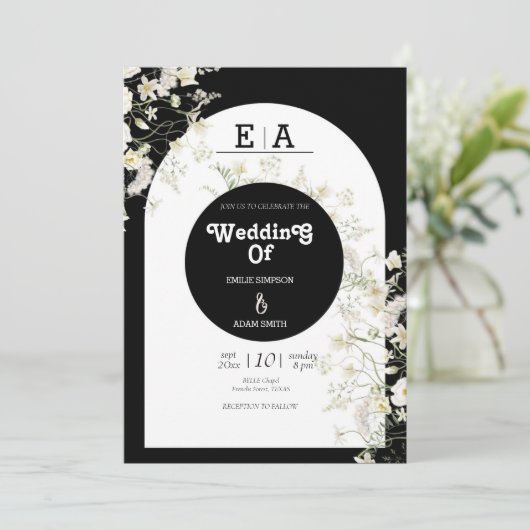 上品ユニークな白黒結婚の 招待状 (スタンド正面)