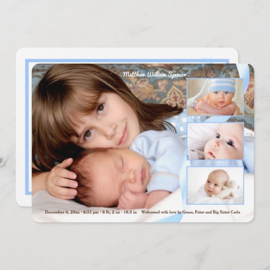 上敷の3写真の男の子の誕生の発表 案内状 (正面/裏面)