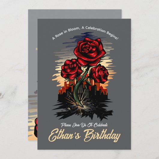 上昇バラ-エレガントフローラ誕生日 招待状 (正面/裏面)