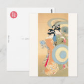 上村松園 花 着物 女性 舞妓 芸者 日本画 美人画 浮世絵 オレンジ 青 ポストカード (正面/裏面)
