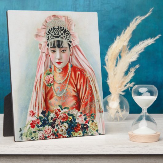 上海の中国の結婚式での赤いドレスの花嫁 フォトプラーク (側面)