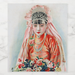 上海の中国の結婚式での赤いドレスの花嫁 ワインラベル