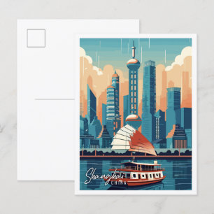 上海中国ヴィンテージ旅行イラストレーション ポストカード
