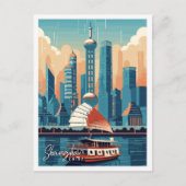 上海中国ヴィンテージ旅行イラストレーション ポストカード (正面)
