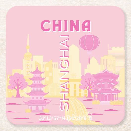 上海中国旅行ピンクポスター スクエアペーパーコースター (正面)