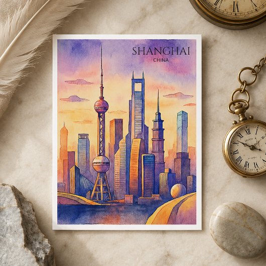 上海 スカイライン 中国 旅行 水彩画 シーズンポストカード
