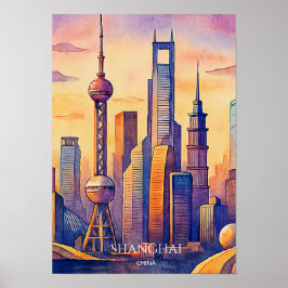上海 スカイライン 中国 旅行 水彩画  ポスター