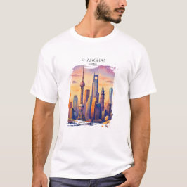 上海 スカイライン 中国 旅行 水彩画  Tシャツ