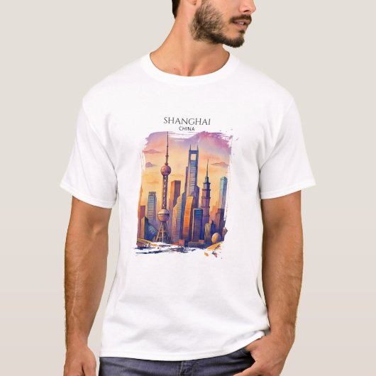上海 スカイライン 中国 旅行 水彩画  Tシャツ (正面)