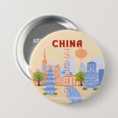 上海 中国 レトロ パステル 旅行 アート 缶バッジ (正面&裏面)