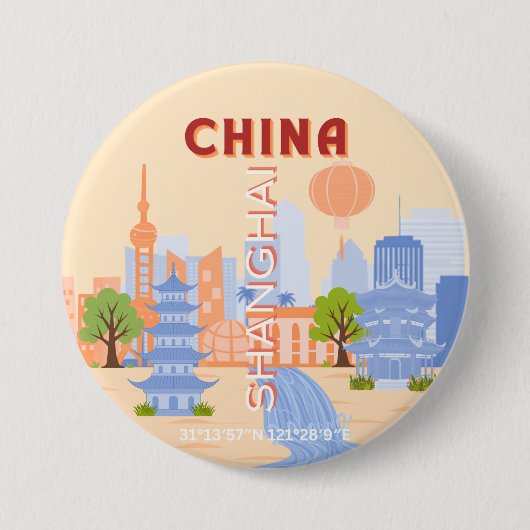 上海 中国 レトロ パステル 旅行 アート 缶バッジ (正面)