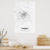 上海、中国（黒いオンホワイト） ポスター (キッチン)