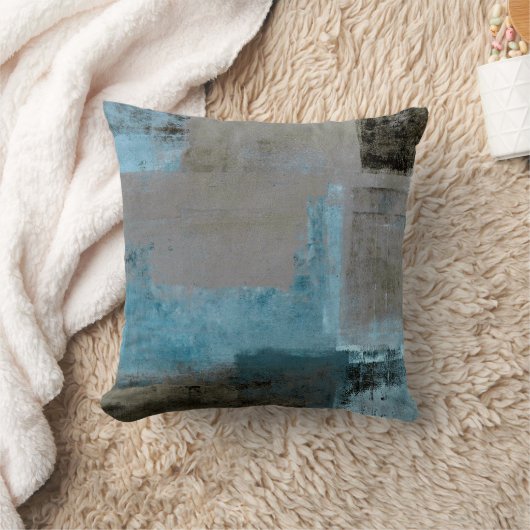 「上演された」ティール（緑がかった色）およびブラウンの抽象美術 クッション (ブランケット)