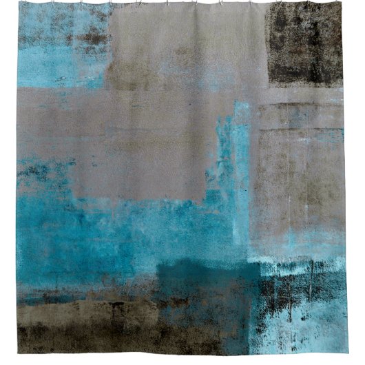 「上演された」ティール（緑がかった色）およびブラウンの抽象美術 シャワーカーテン (正面)