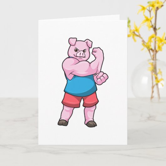 上腕の大きなボディビルダーとしての豚 カード (黄色い花)